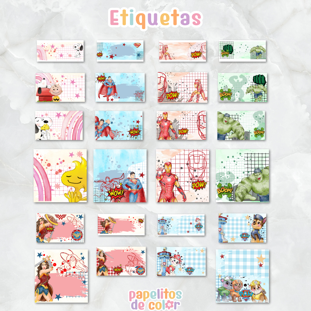 🎒 Combo Etiquetas – 39 Personajes ✂️✨