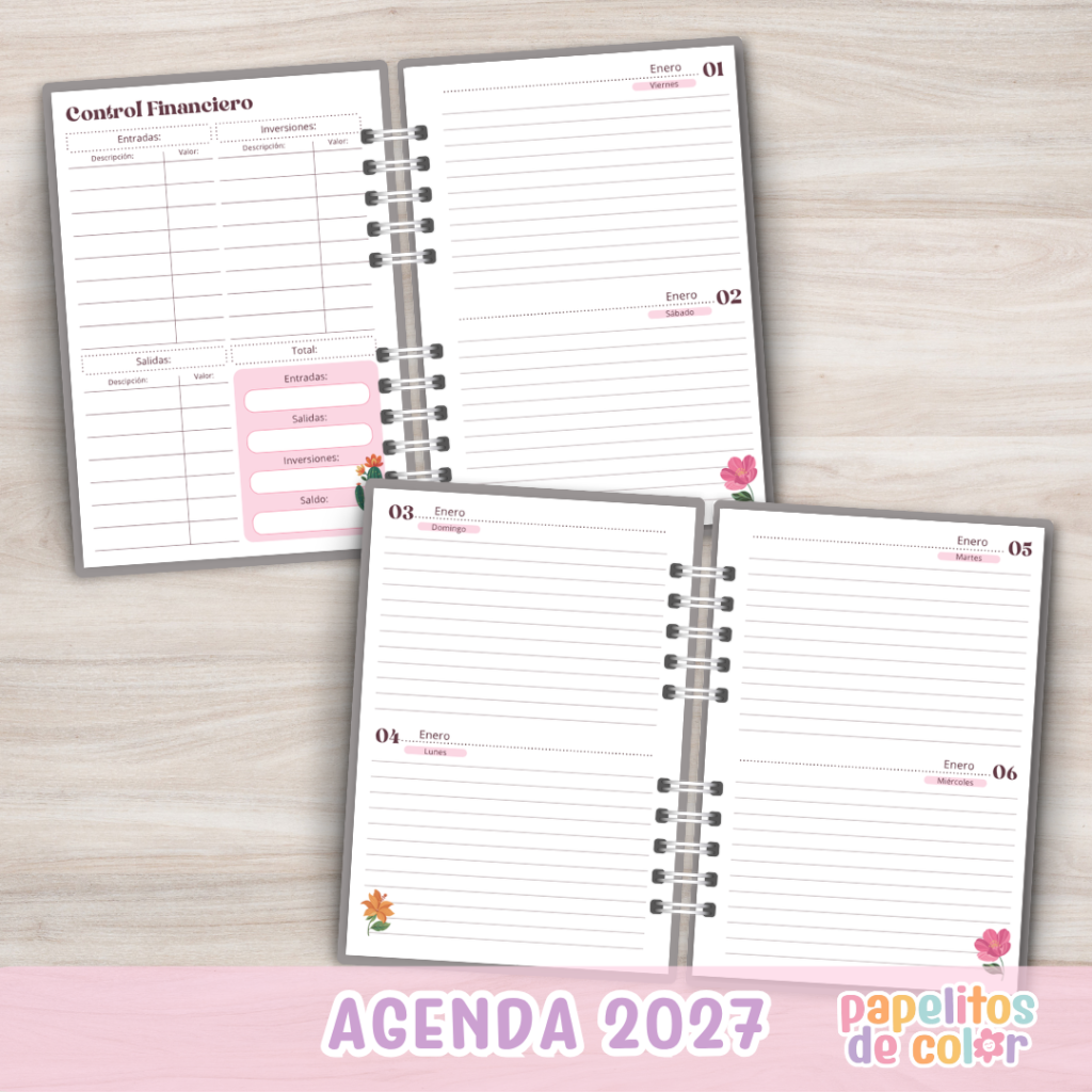 🌺📖 Agenda Frida - 2 Días x pág 2027 ✨🖊️
