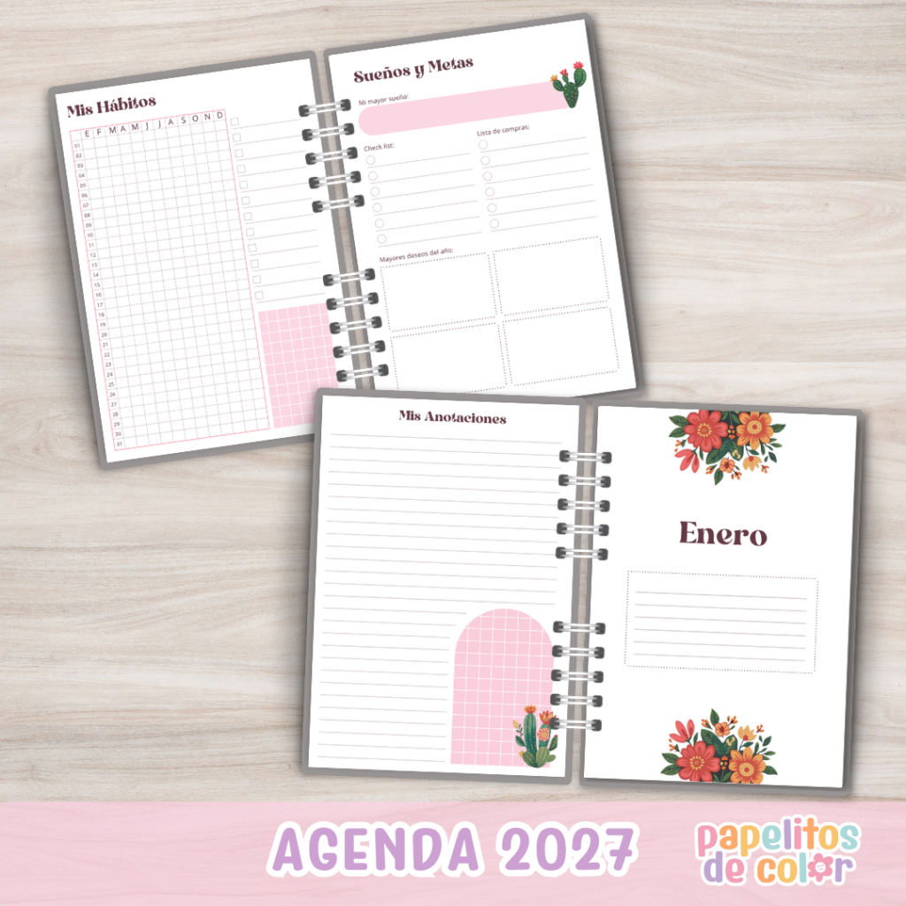 🌺📖 Agenda Frida - 2 Días x pág 2027 ✨🖊️